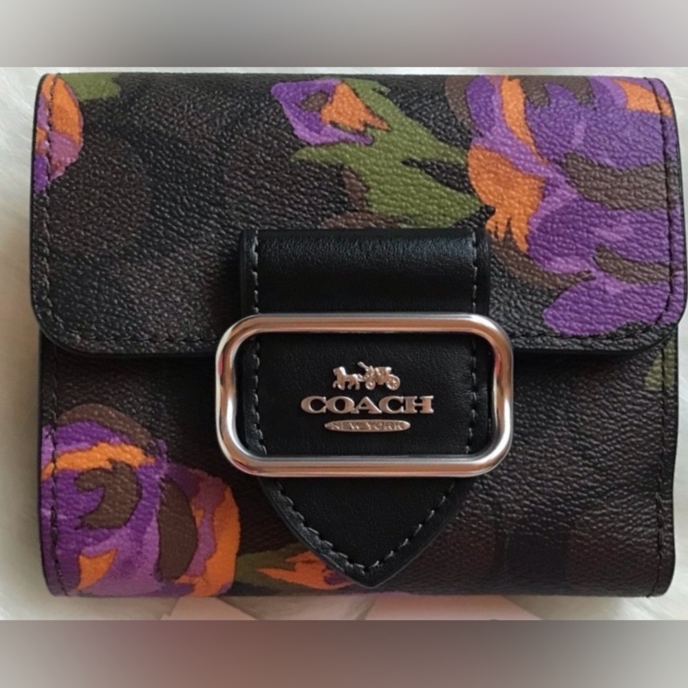 Coach Black Floral Signature Purple Rose 💜 Morgan Wallet NWOT CL475